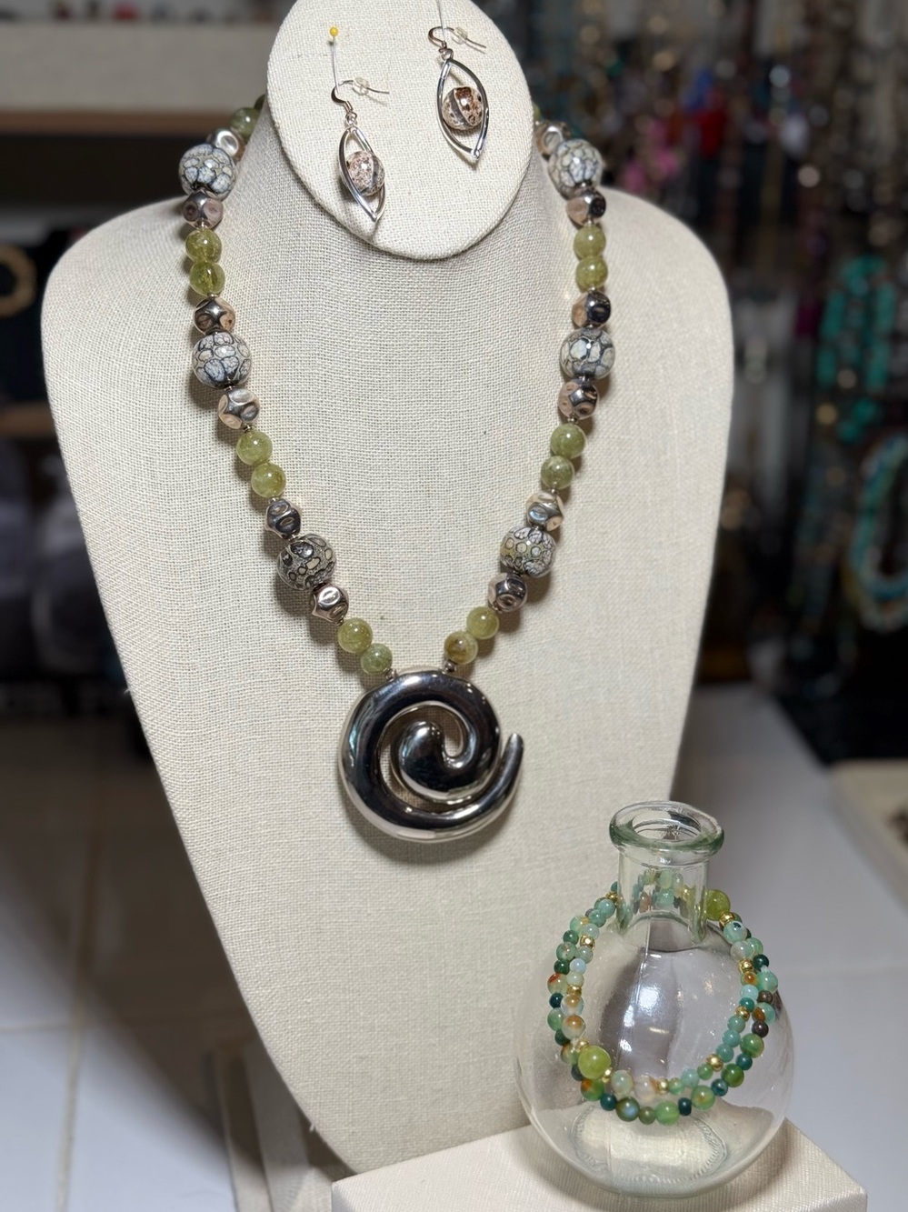Artisan Sterling Silver Spiral Necklace with Aventurine, Glass, lamp work beads - Picture 11 of 11